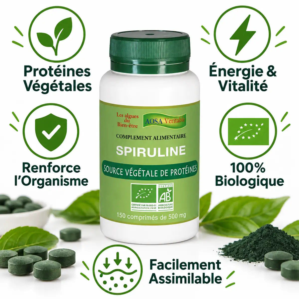 Spiruline bio Aosa Véritable 150 comprimés avec bénéfices : protéines végétales, énergie et vitalité