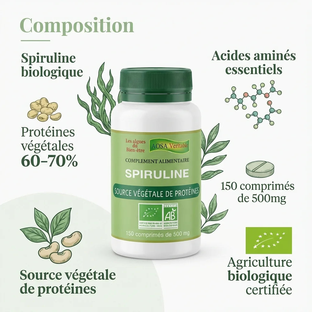 Spiruline bio Aosa Veritable 150 comprimés avec composition nutritionnelle et protéines végétales