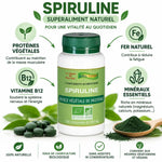 Spiruline bio Aosa Veritable 150 comprimés avec infographie nutritionnelle: protéines, fer, B12 et minéraux