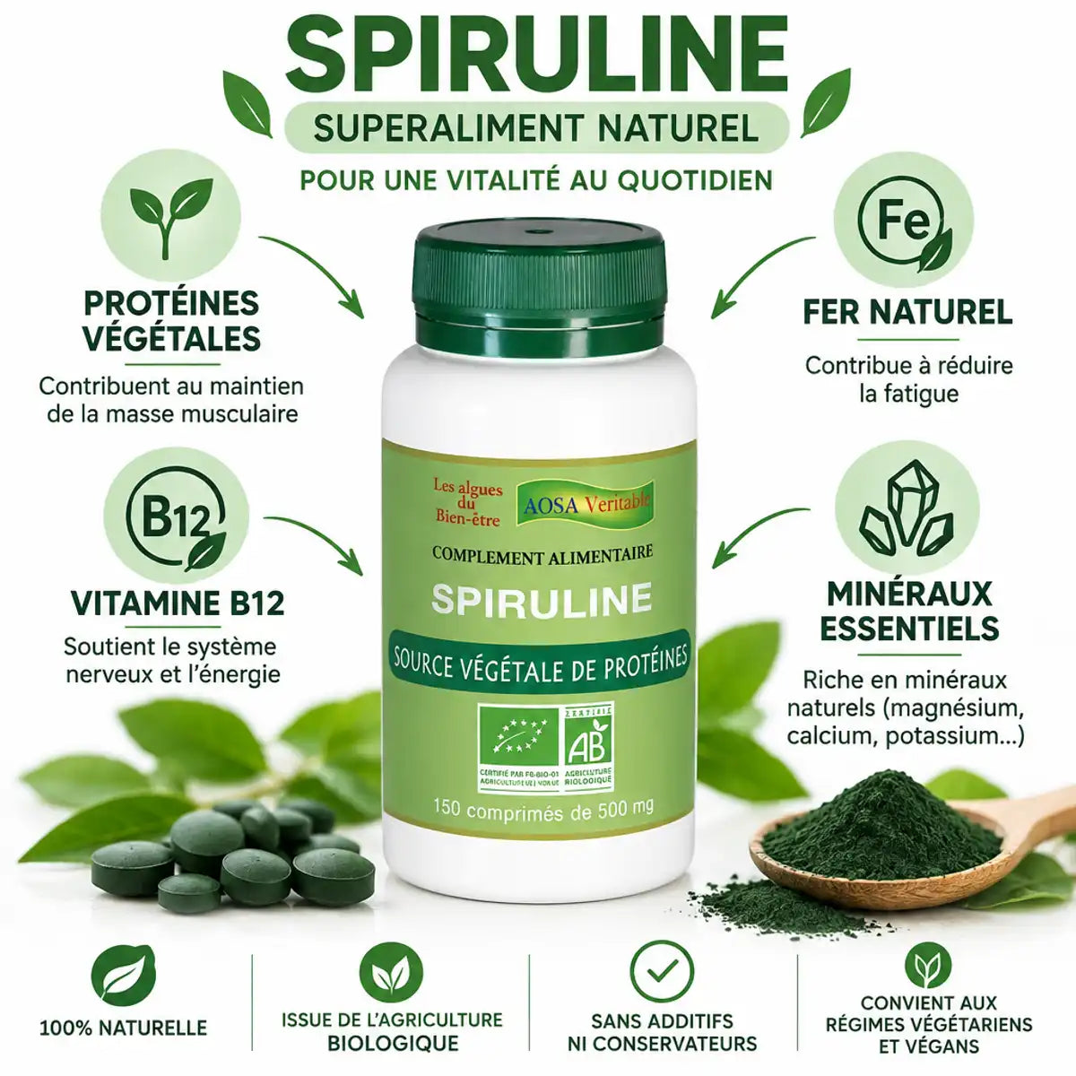 Spiruline bio Aosa Veritable 150 comprimés avec infographie nutritionnelle: protéines, fer, B12 et minéraux