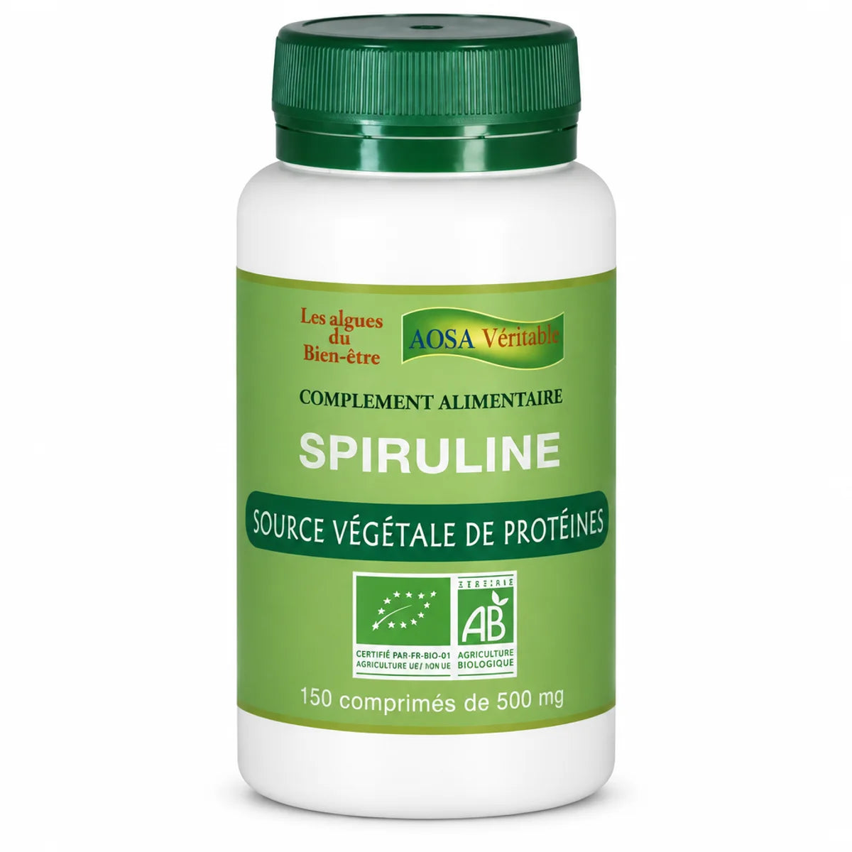 Spiruline bio AOSA Véritable 150 comprimés - Flacon blanc avec étiquette verte