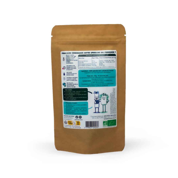 Un sachet de spiruline bio de 45 comprimés de la marque Etika Spirulina, vue de dos