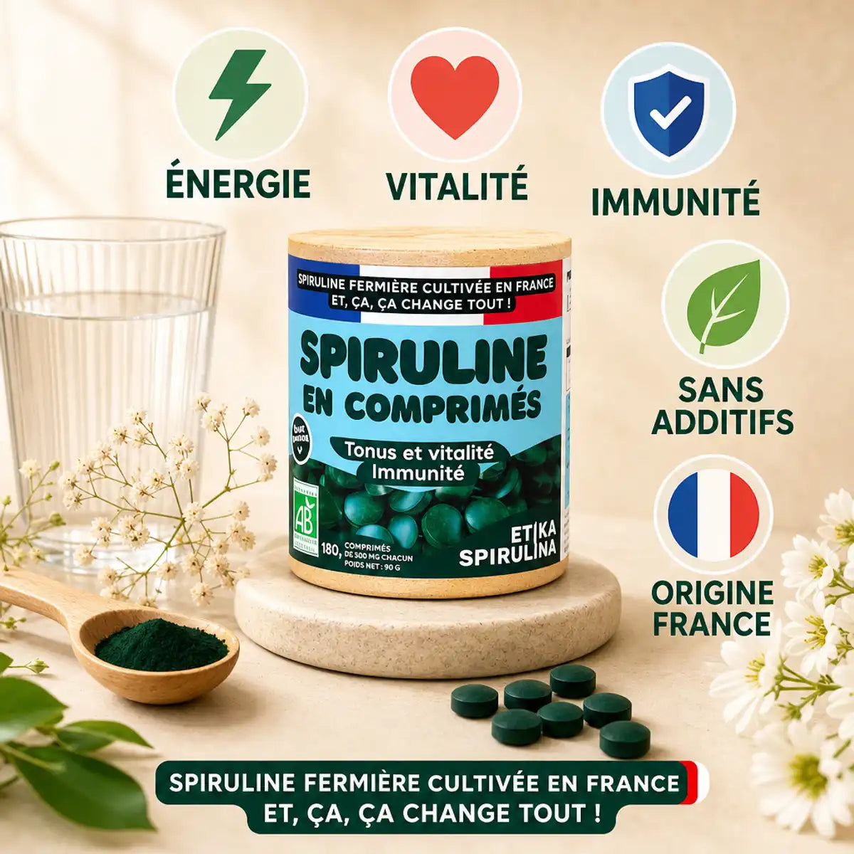 Spiruline bio Etika 180 comprimés origine France avec bénéfices énergie, vitalité et immunité