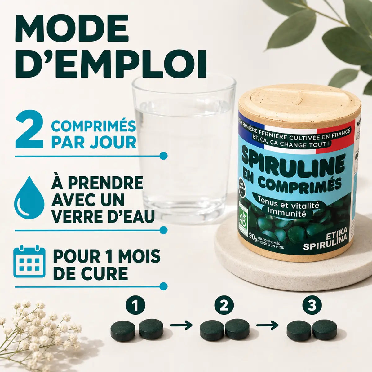Spiruline bio Etika 90g 180 comprimés avec mode d'emploi, 2 comprimés par jour avec verre d'eau