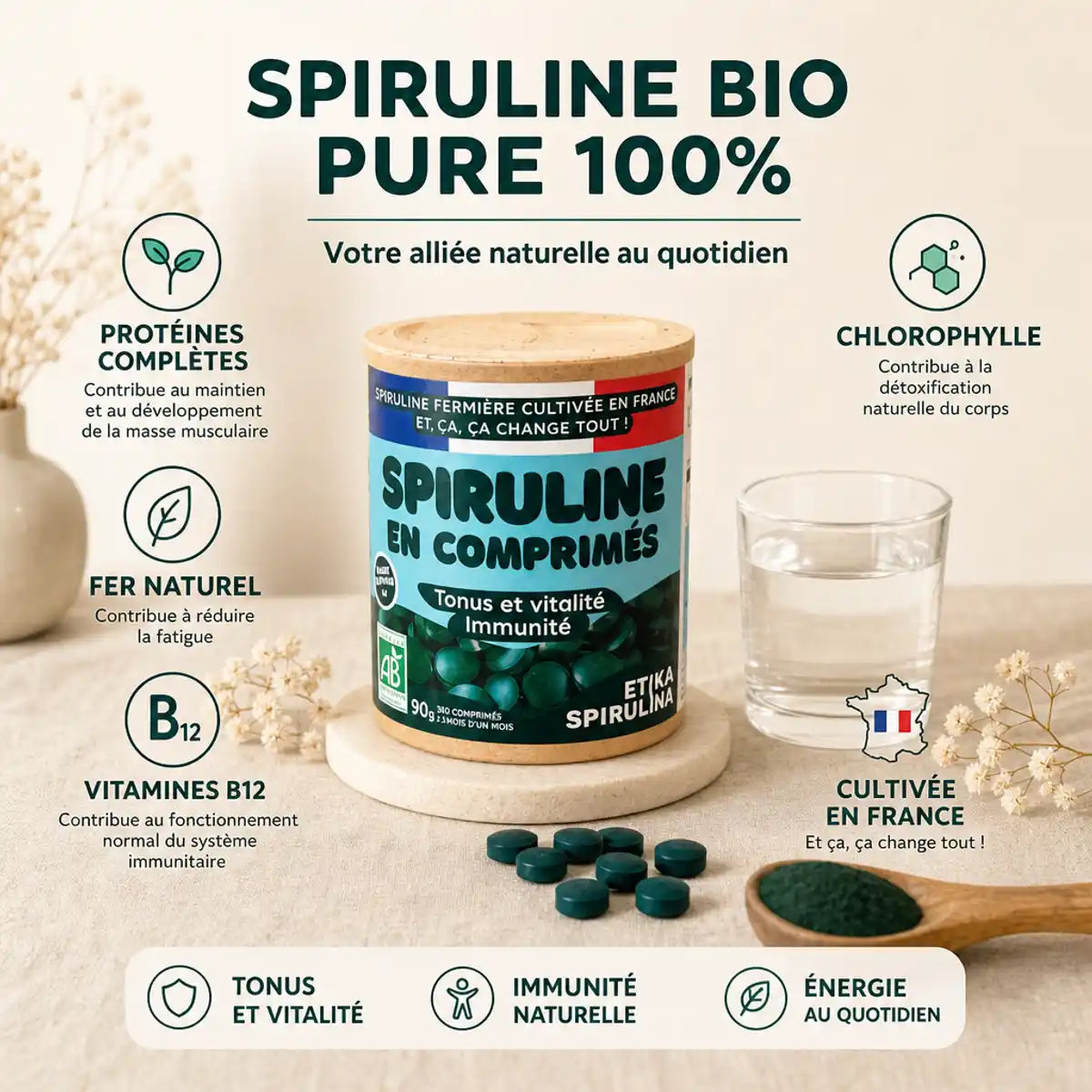Spiruline bio Etika 90g avec comprimés, ingrédients et poudre pure, origine France