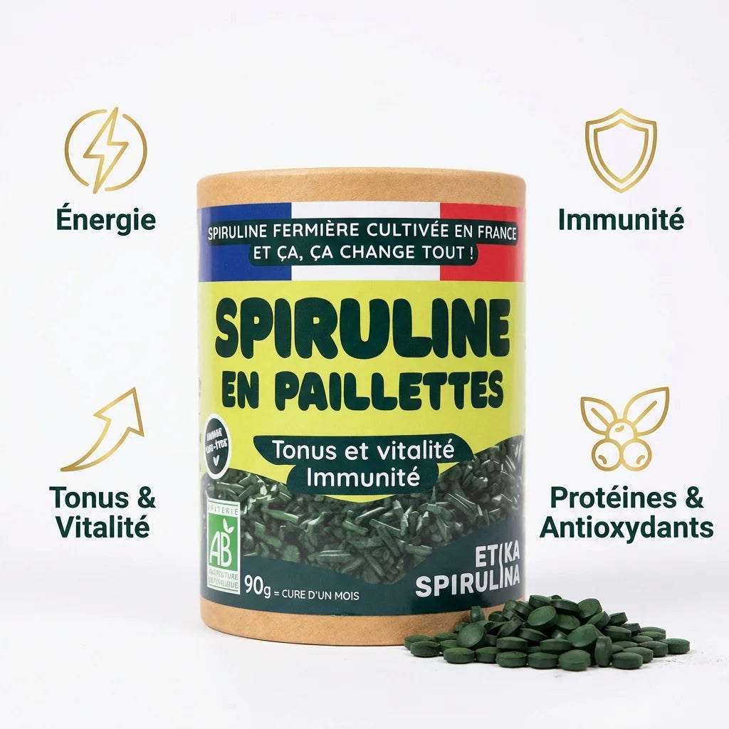Spiruline bio Etika paillettes 90g avec bénéfices énergie, immunité, tonus et protéines antioxydants