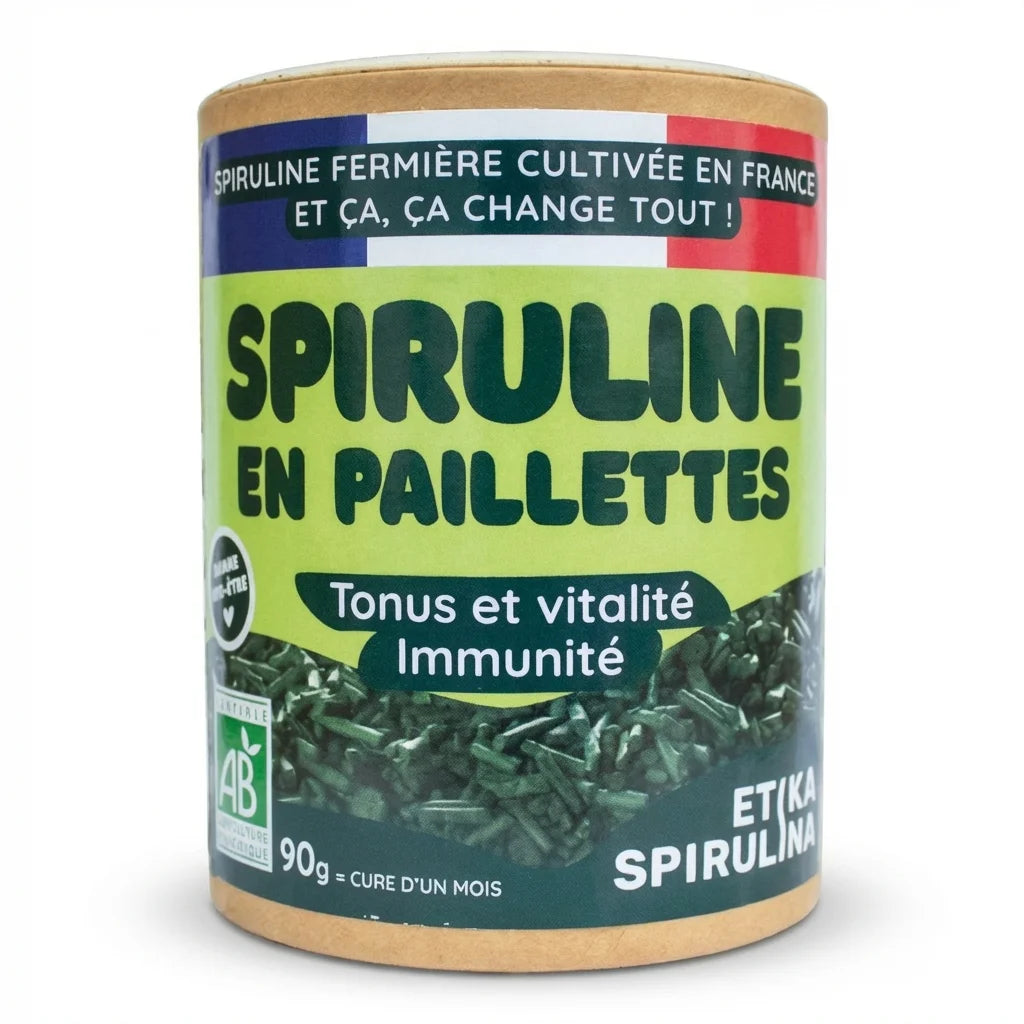 Spiruline bio en paillettes 90g Etika - Packaging tube kraft avec label vert