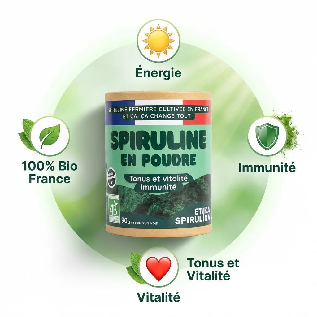 Spiruline bio poudre Etika 90g France avec icônes énergie immunité vitalité