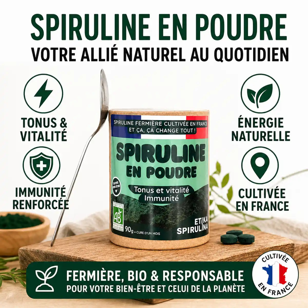 Spiruline bio poudre Etika France 90g avec bénéfices santé : tonus, immunité, énergie naturelle