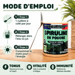 Spiruline bio poudre Etika France 90g avec guide dosage et cuillère, mode d'emploi illustré