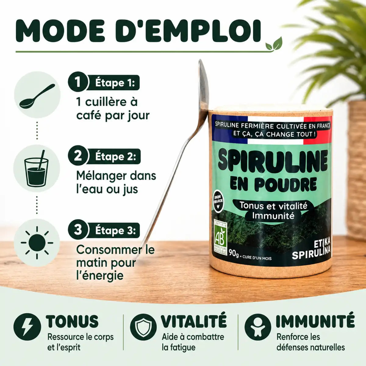 Spiruline bio poudre Etika France 90g avec guide dosage et cuillère, mode d'emploi illustré
