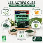 Spiruline bio poudre Etika France 90g avec infographie des bénéfices protéines fer bêta-carotène immunité