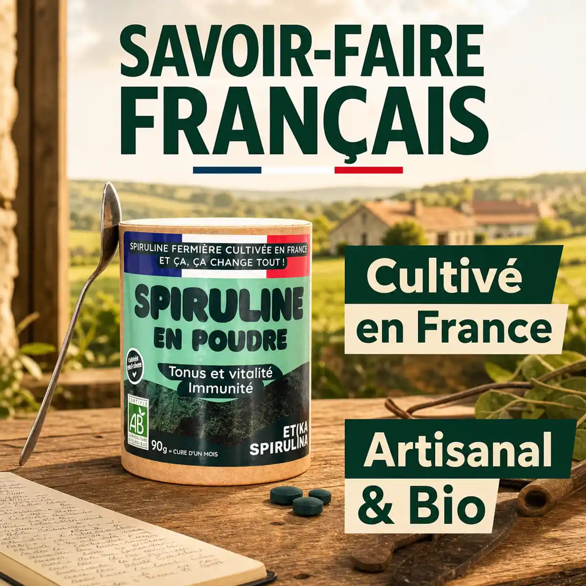 Spiruline bio en poudre Etika cultivée en France, savoir-faire artisanal français