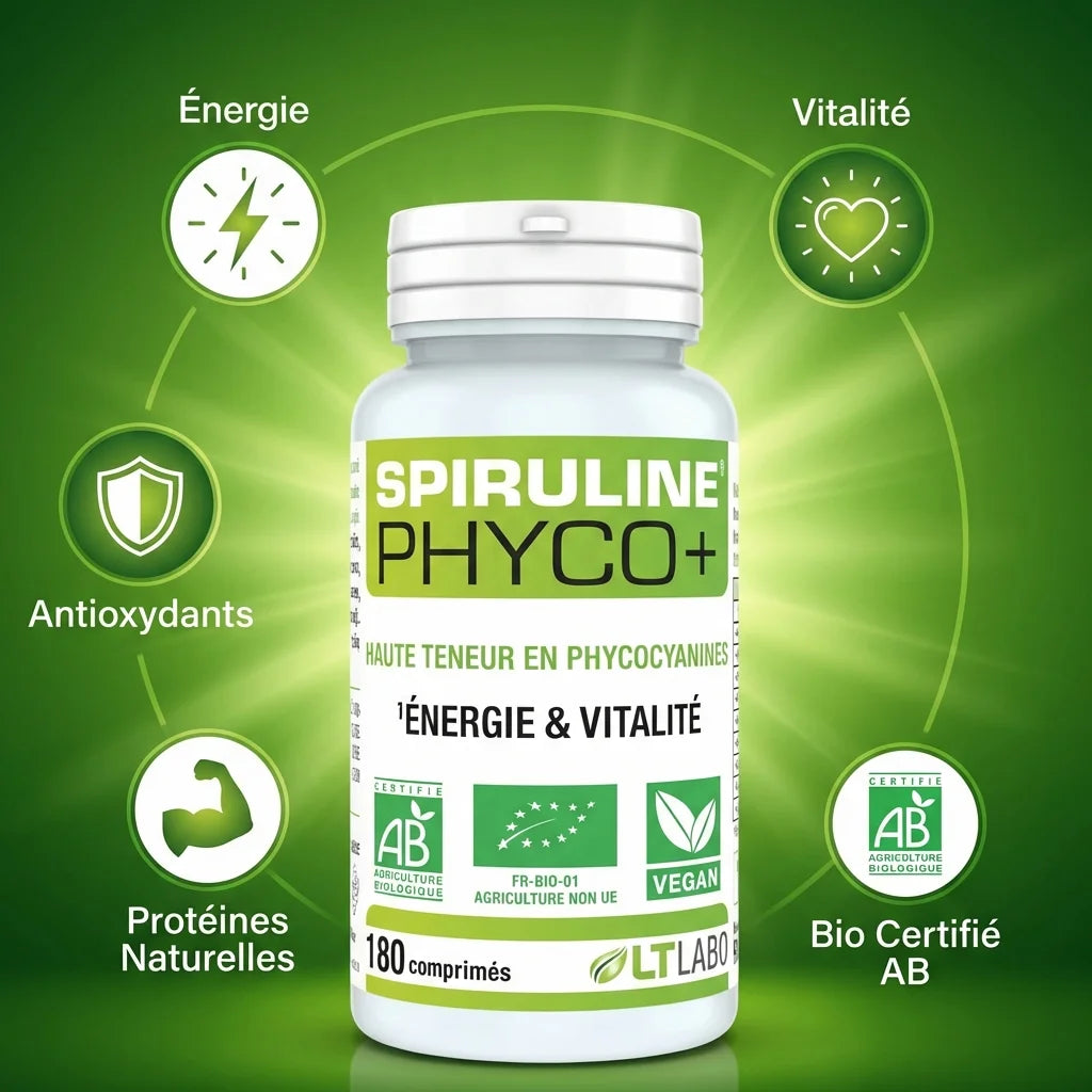 Spiruline Bio Phyco+ 180 comprimés LT Labo avec bénéfices santé énergies et protéines
