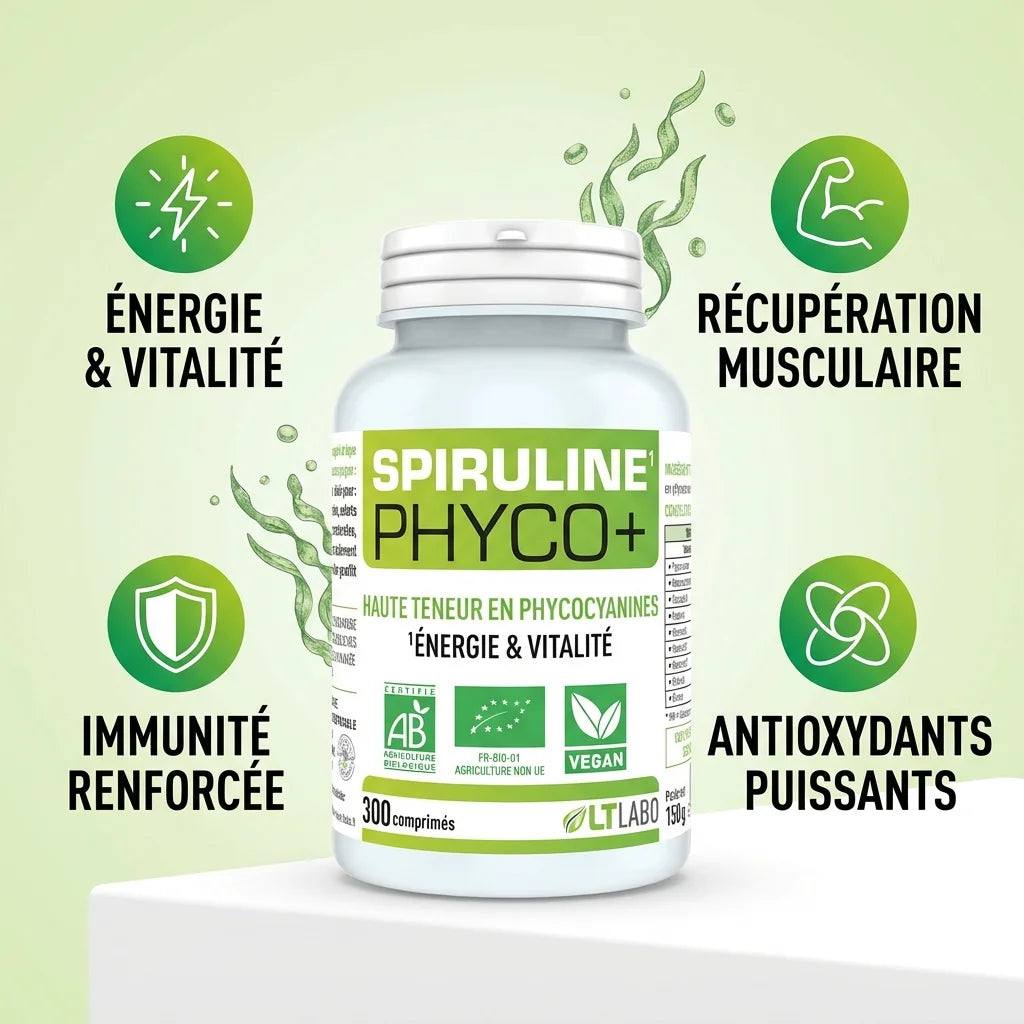 Spiruline Bio Phyco+ 300 comprimés LT Labo avec bénéfices : énergie, immunité, récupération musculaire, antioxydants
