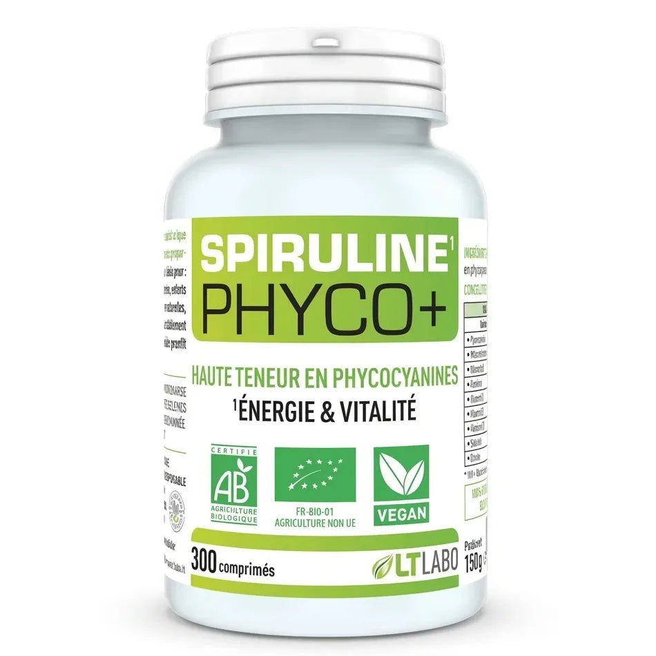Spiruline Bio Phyco+ LT Labo 300 comprimés certifiée AB vegan en flacon blanc