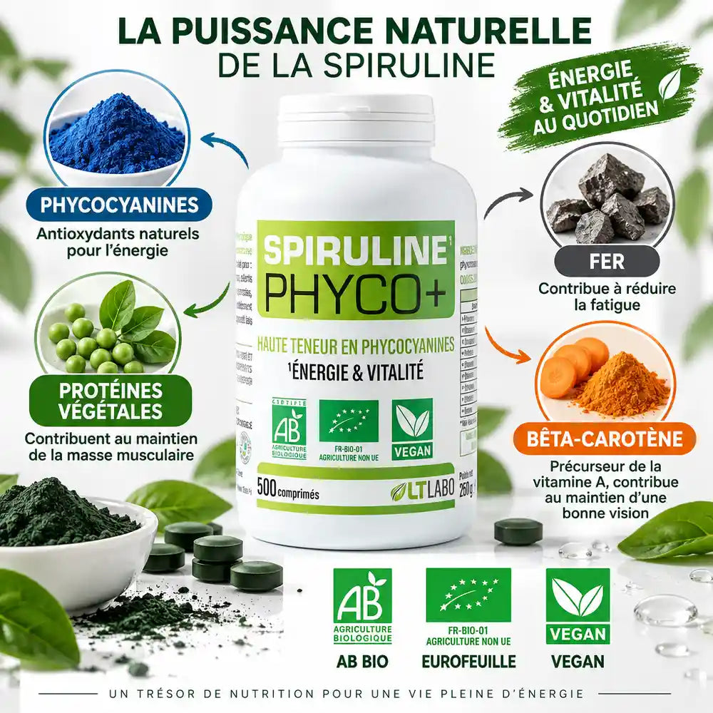 Spiruline Bio Phyco+ 500 comprimés LT Labo avec ingrédients actifs et certifications bio