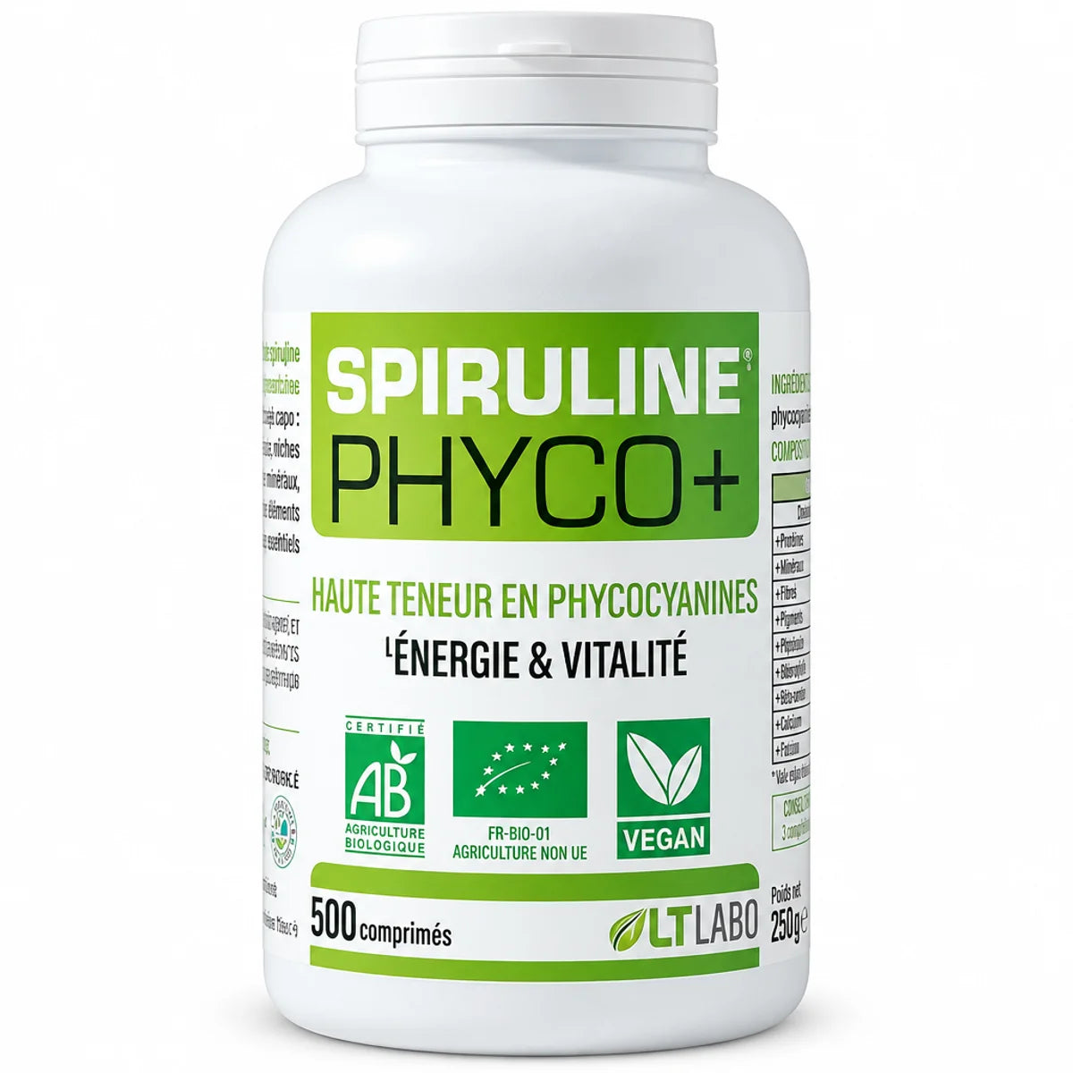 Bouteille Spiruline Bio Phyco+ 500 comprimés LT Labo fond blanc