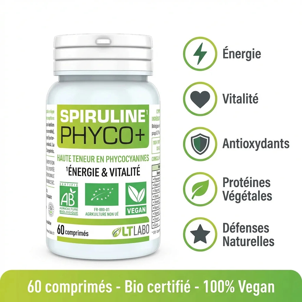 Spiruline Bio Phyco+ 60 comprimés vegan - Énergie, vitalité et antioxydants naturels
