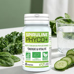 Spiruline Bio Phyco+ 60 comprimés LT Labo avec légumes verts et gouttes d'eau