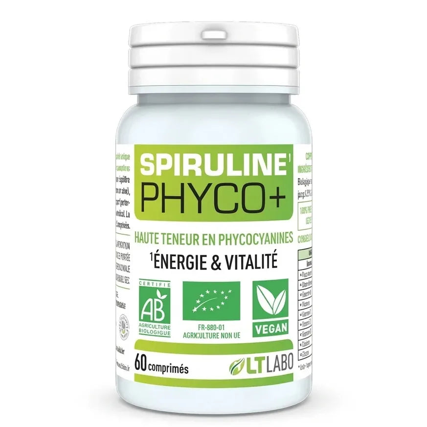 Flacon Spiruline Bio Phyco+ 60 comprimés LT Labo sur fond blanc