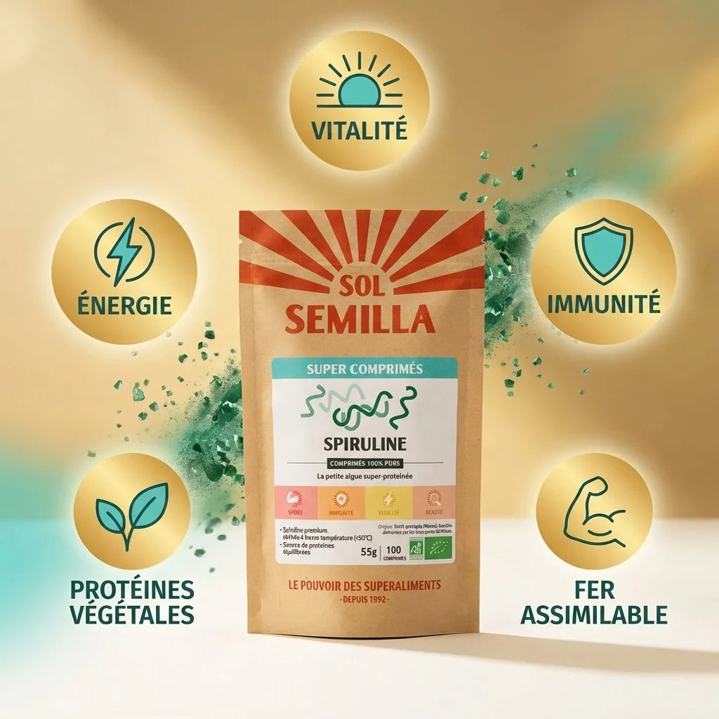 Spiruline Bio Sol-Semilla 100 comprimés avec infographie énergie immunité protéines végétales