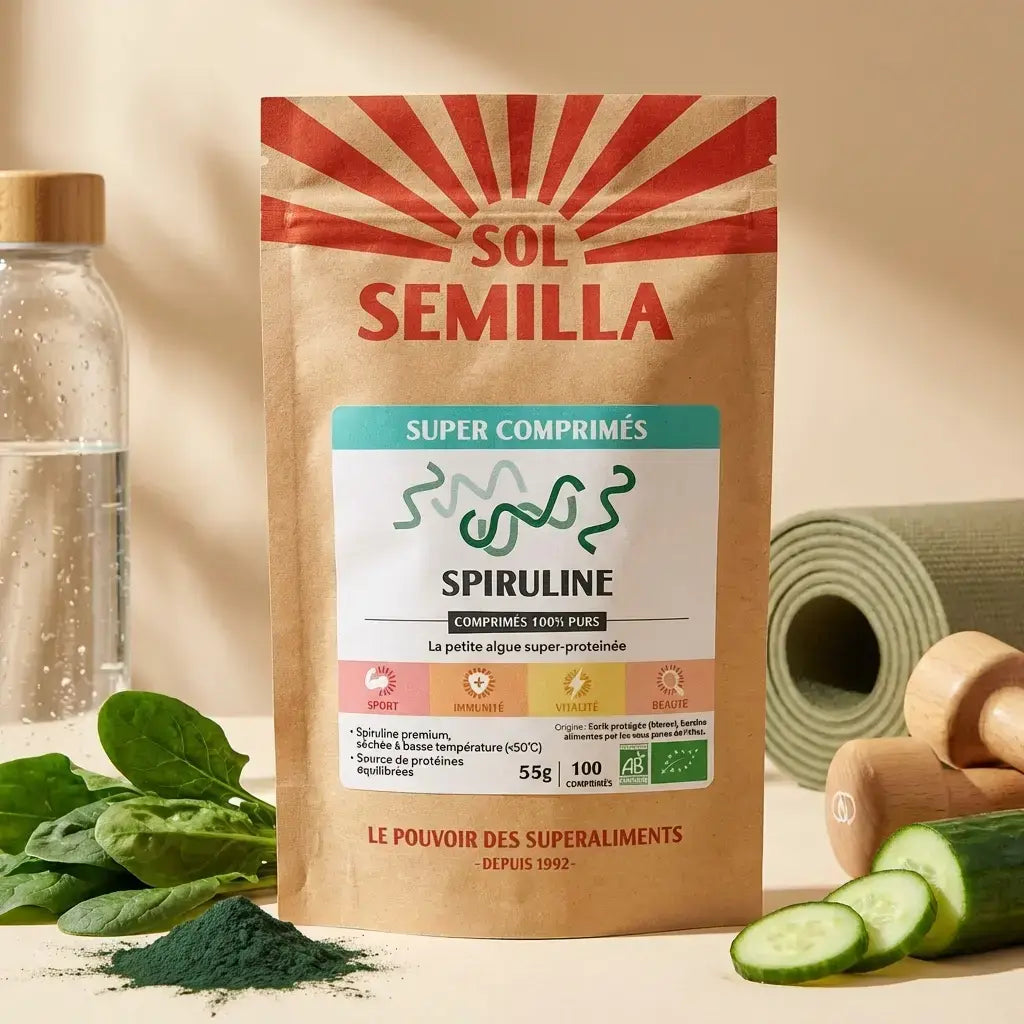 Spiruline crue bio Sol-Semilla 100 comprimés avec fruits et légumes frais pour l'énergie et l'immunité