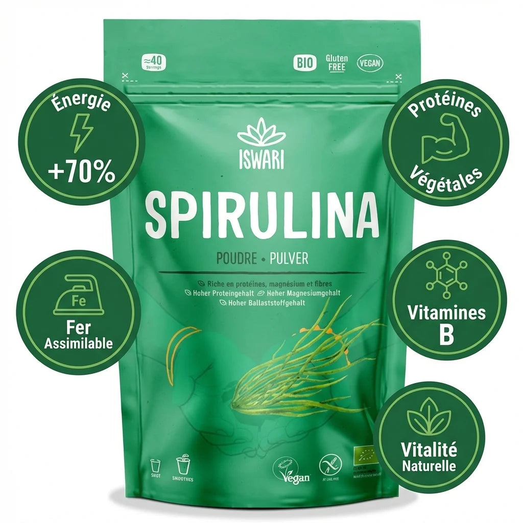 Spiruline bio Iswari 125g avec infographies bénéfices santé: énergie, protéines, fer, vitamines B