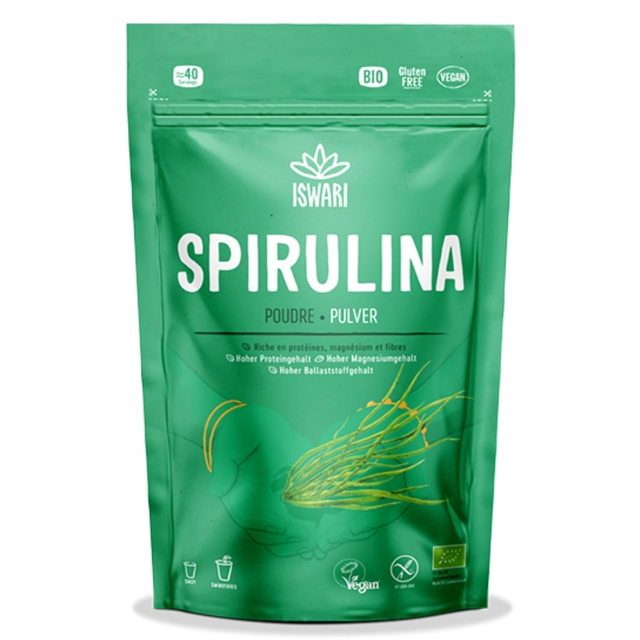 La face avant d'un sachet de Spiruline en poudre bio de 125 g de la marque Iswari