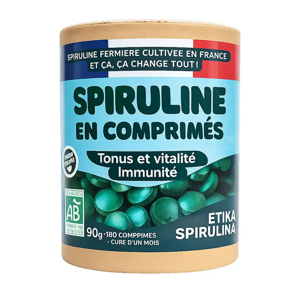 Une boite de Spiruline bio de 90 comprimés (origine France) de la marque Etika Spirulina
