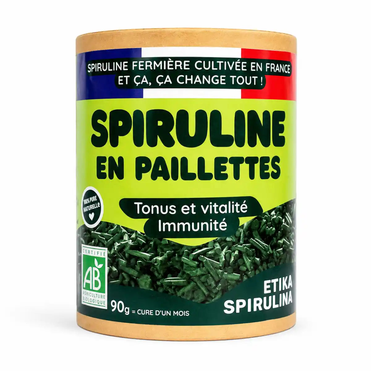 Spiruline bio en paillettes 90g Etika - Packaging tube kraft avec label vert