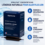 Spirulysat Concentré 15x10ml - Packaging bleu avec infographie bénéfices énergie et récupération