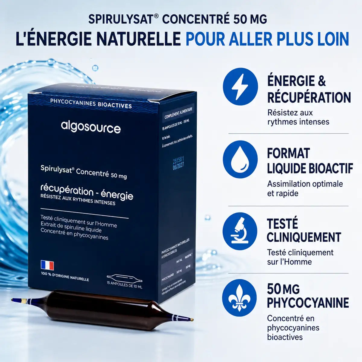Spirulysat Concentré 15x10ml - Packaging bleu avec infographie bénéfices énergie et récupération