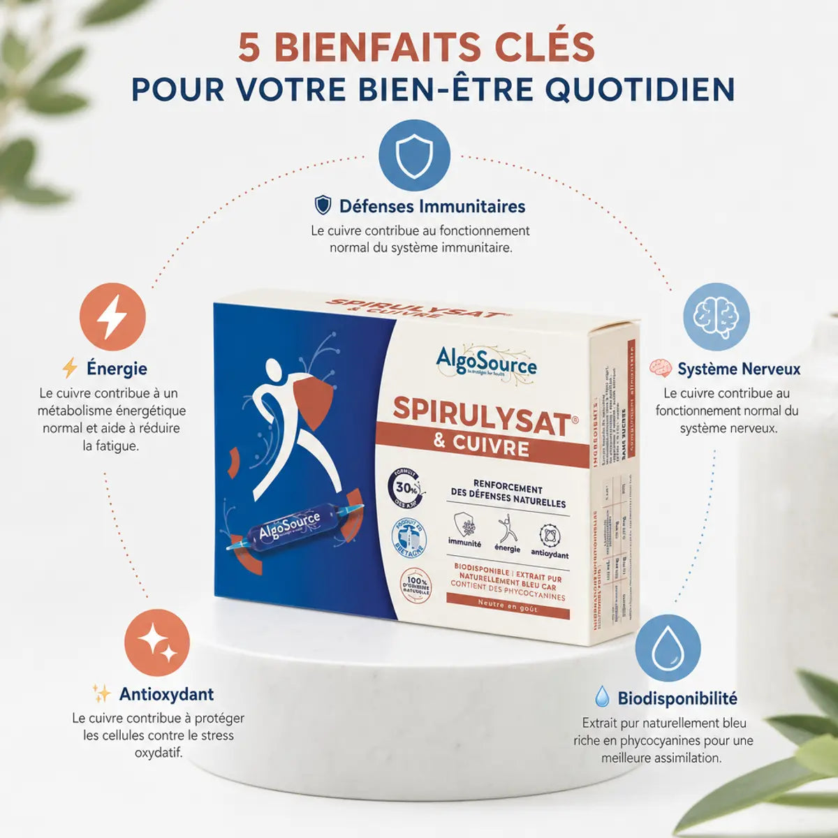 Spirulysat Cuivre AlgoSource 20 ampoules avec bénéfices défenses immunitaires, énergie et antioxydant