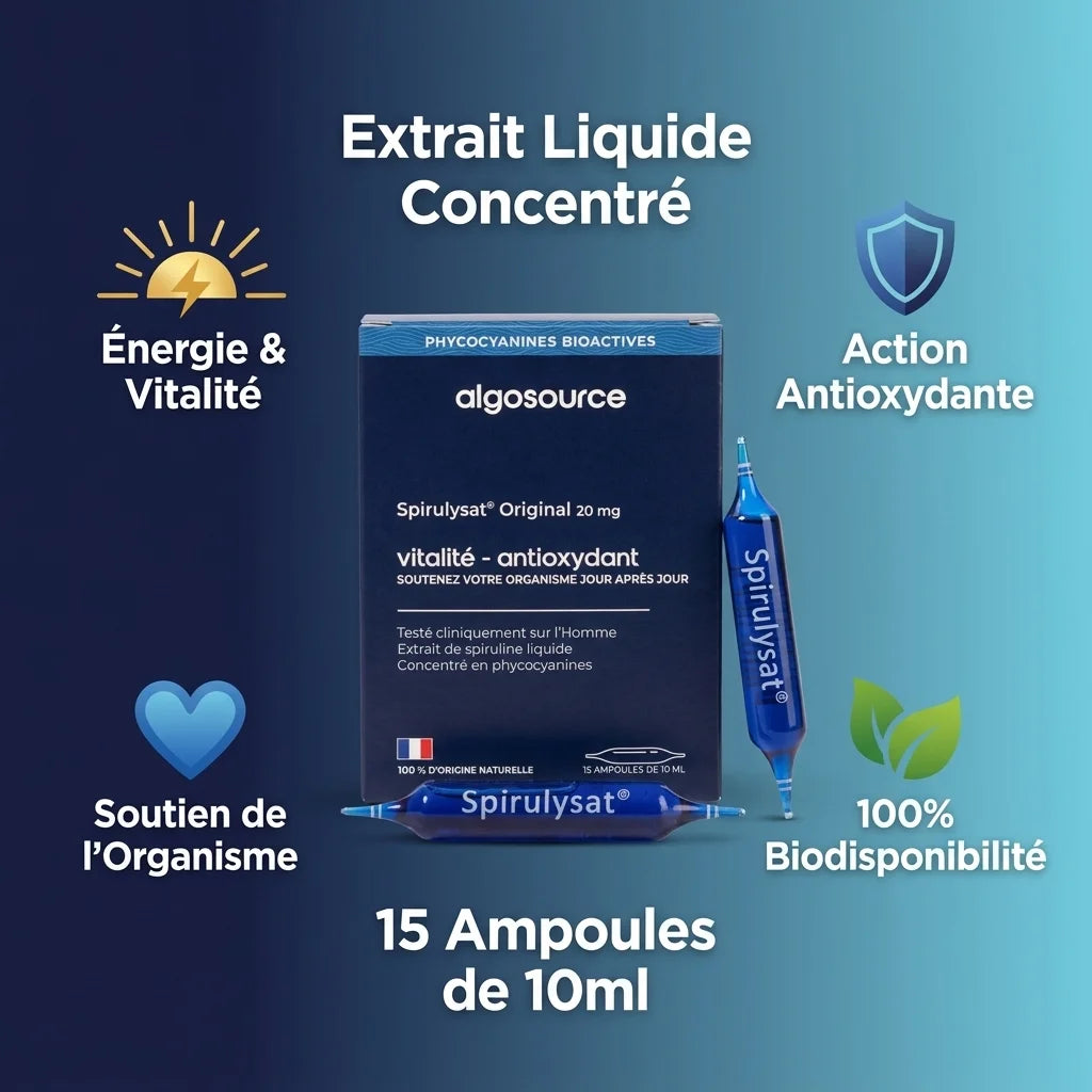 Spirulysat Original ampoules spiruline liquide 20mg avec infographie bénéfices santé