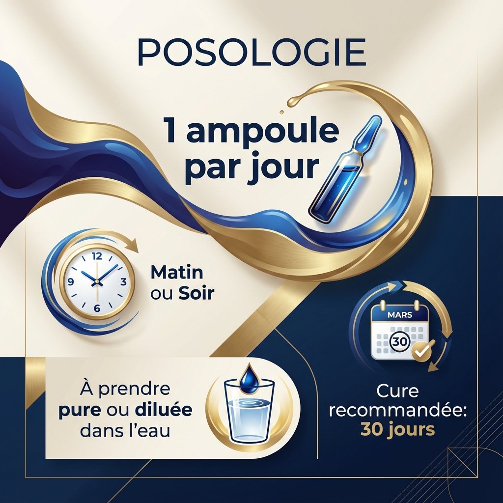 Guide posologie Spirulysat Original : 1 ampoule par jour, cure 30 jours, extrait liquide spiruline AlgoSource