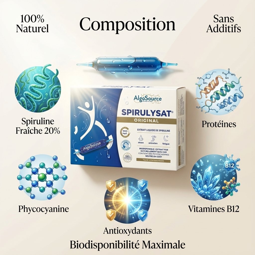 Spirulysat Original ampoules spiruline liquide avec composition nutritionnelle et ingrédients naturels