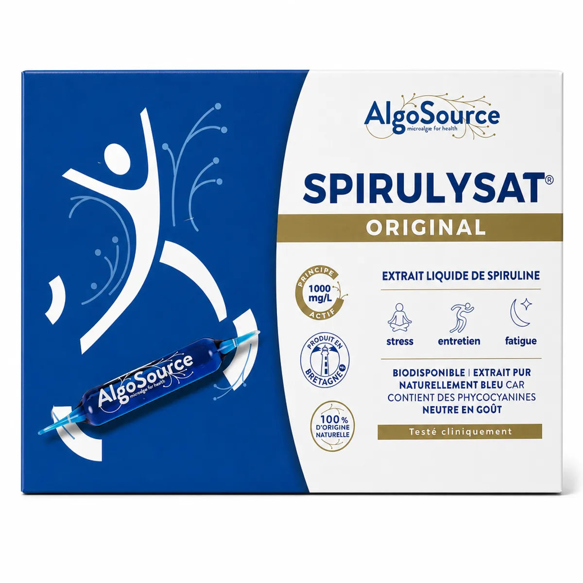 Spirulysat Original - Boîte d'extrait liquide de spiruline 20x10ml AlgoSource sur fond blanc