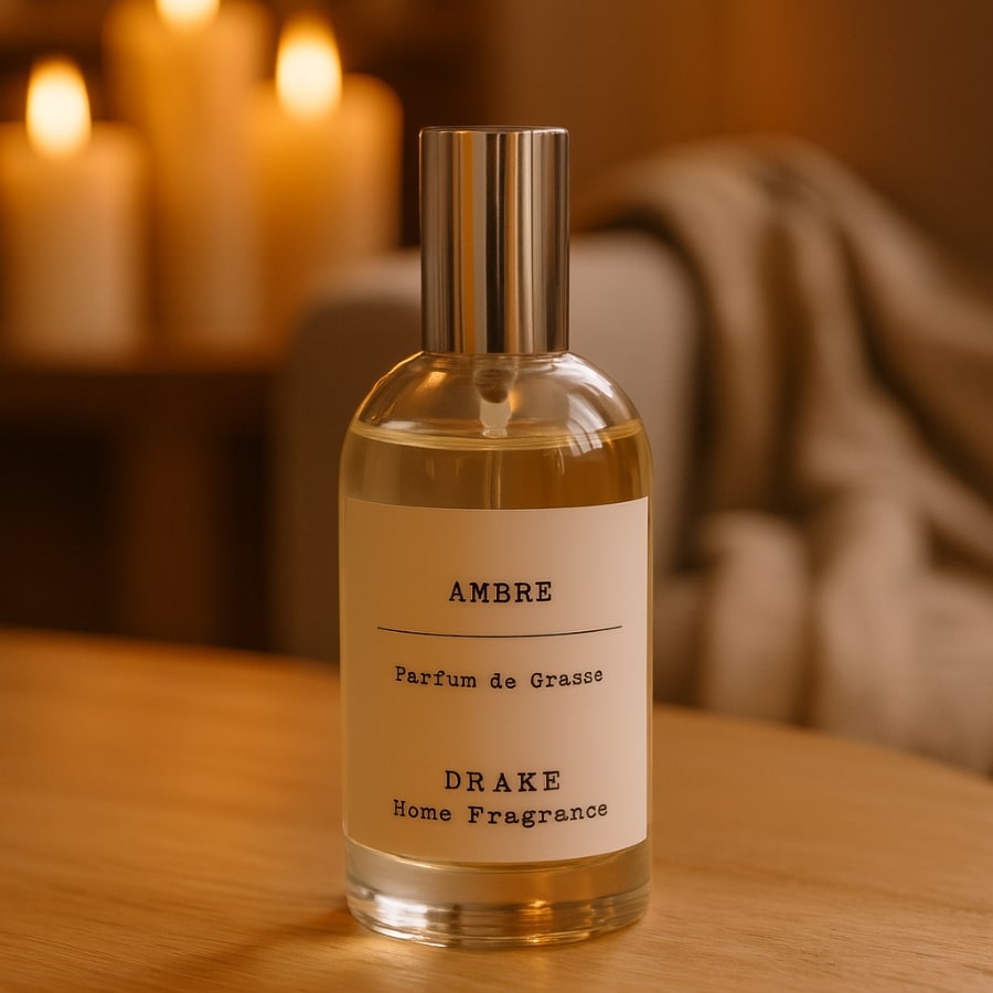 Un spray d’ambiance Ambre parfum de Grasse Drake posé sur une table en bois devant des bougies