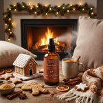 Un spray d'ambiance et brume d'oreiller de la marque ancient wisdom dans une ambiance d'hiver avec une maison en pain d'épice