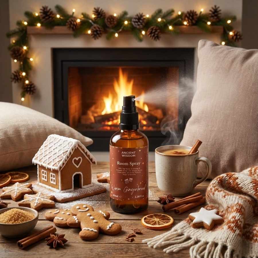 Un spray d'ambiance et brume d'oreiller de la marque ancient wisdom dans une ambiance d'hiver avec une maison en pain d'épice