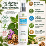 Spray anti-chute cheveux bio 150ml avec ingrédients naturels et certifications bio vegan