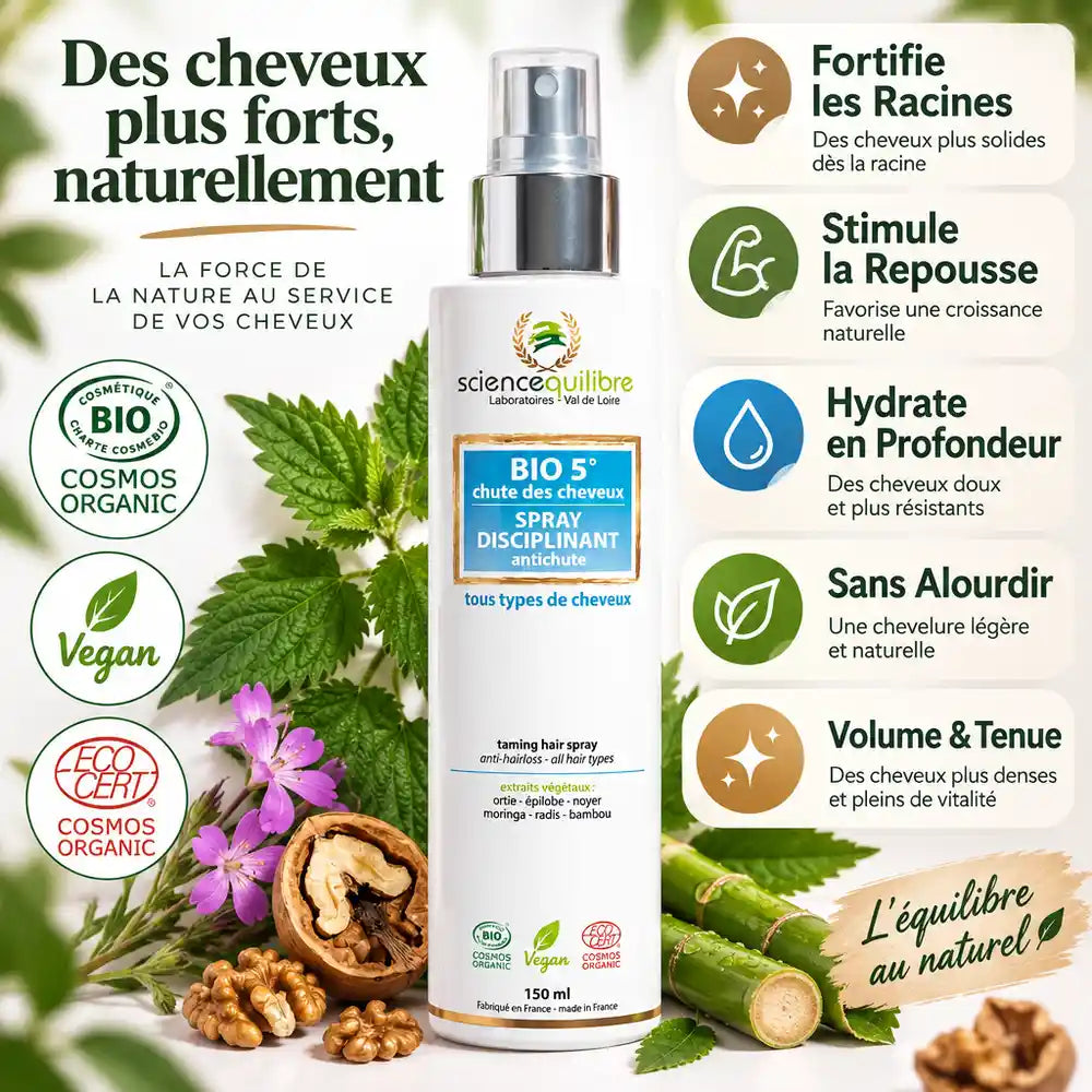 Spray anti-chute cheveux bio 150ml avec ingrédients naturels et certifications bio vegan