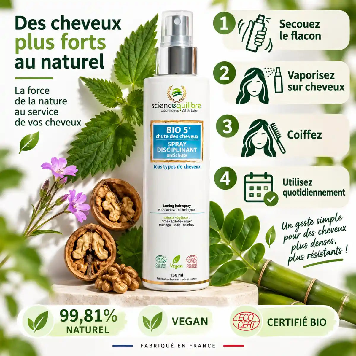 Spray anti-chute cheveux bio 150ml Science & Équilibre avec ingrédients naturels et mode d'emploi