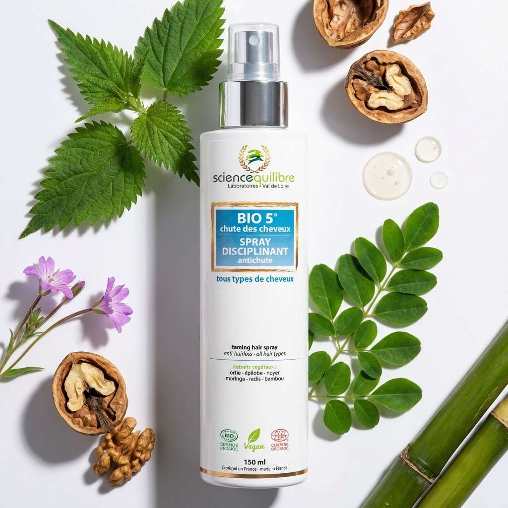 Spray anti-chute cheveux Bio Science & Équilibre 150ml avec ingrédients naturels ortie et moringa