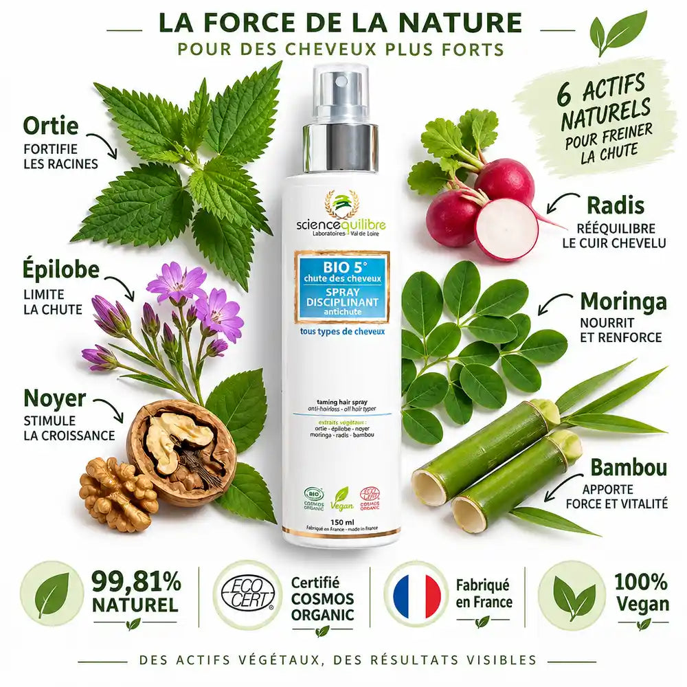 Spray anti-chute cheveux Bio 150ml avec ingrédients botaniques naturels certifiés COSMOS ORGANIC