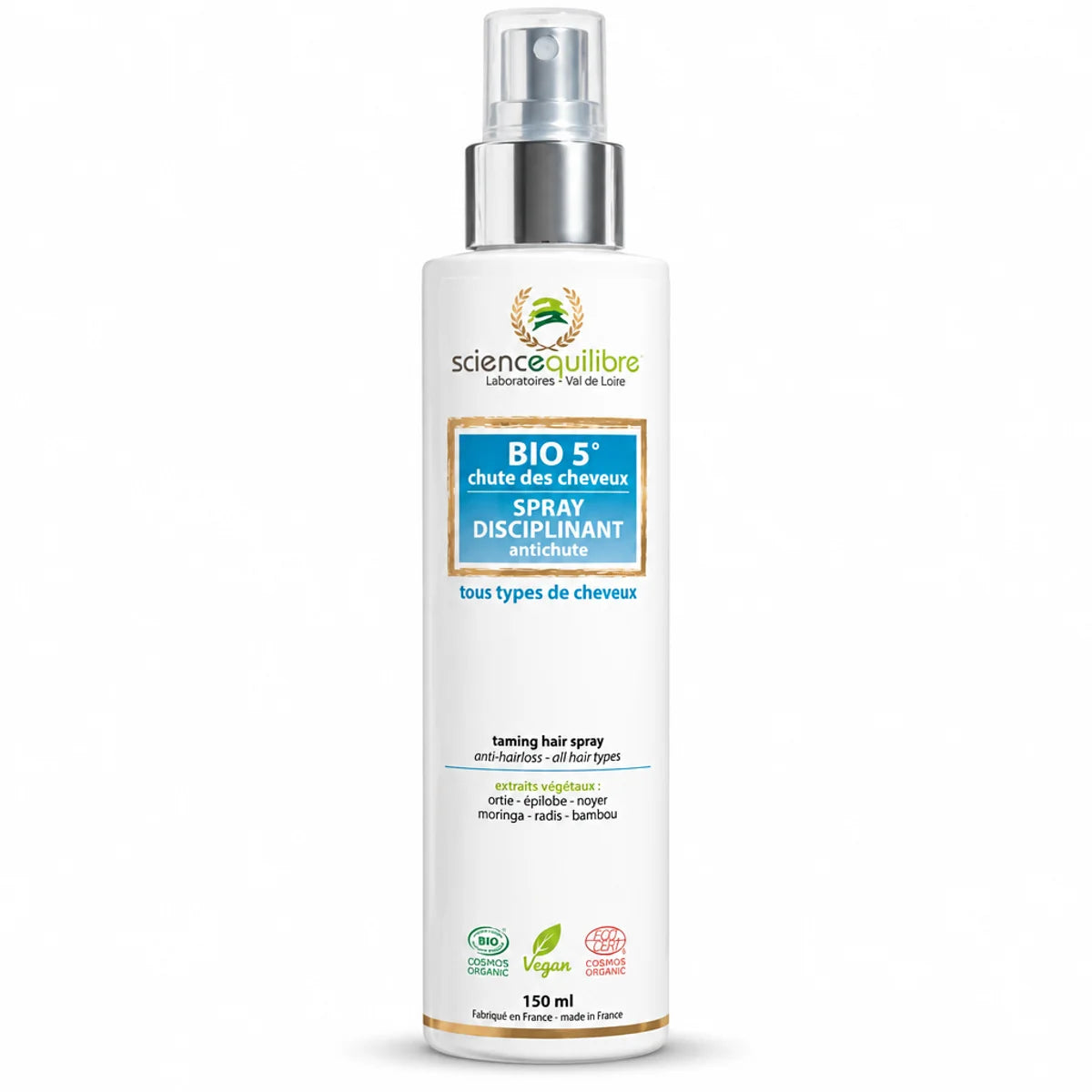 Spray anti-chute cheveux Bio 5 Science & Équilibre 150ml flacon blanc pompe argent