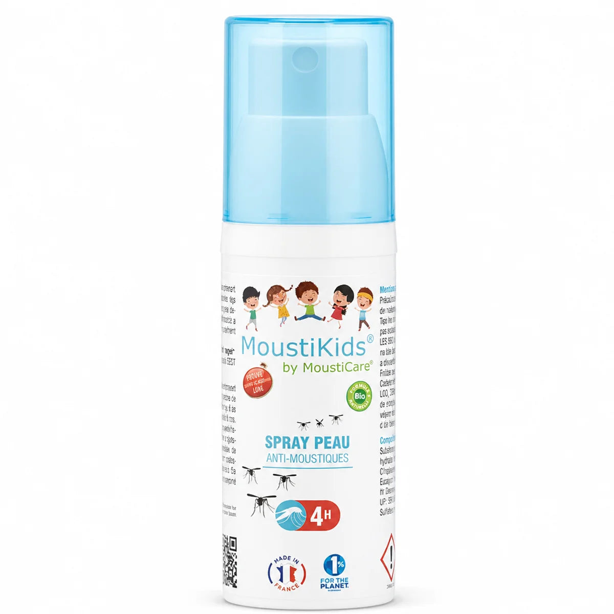 Spray anti-moustique Moustikids 30ml pour bébé et enfant, flacon blanc avec bouchon turquoise