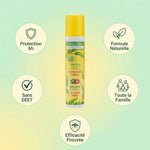 Spray anti-moustique MoustiCare 125ml avec icônes bénéfices: protection 6h, formule naturelle, sans DEET, famille