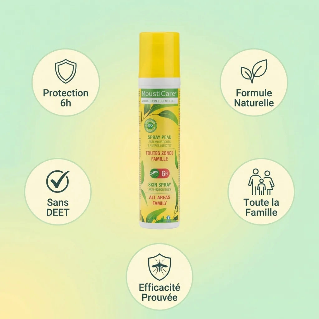Spray anti-moustique MoustiCare 125ml avec icônes bénéfices: protection 6h, formule naturelle, sans DEET, famille